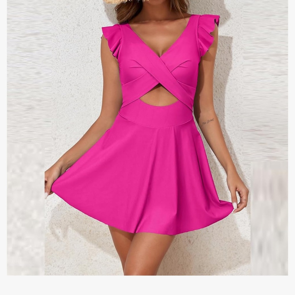 Womens V Neck One Piece Swimsuit Tummy Control Wrap Push Up Swimdress